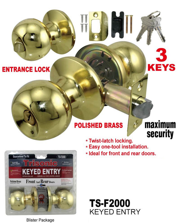 Keyed Entry Door Knobs, Front and Rear Doors, Polished Brass, 1 Pair
