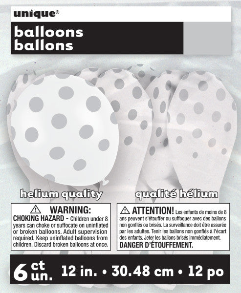 12" Helium Balloons White With Silver Polka Dots, 6-ct.