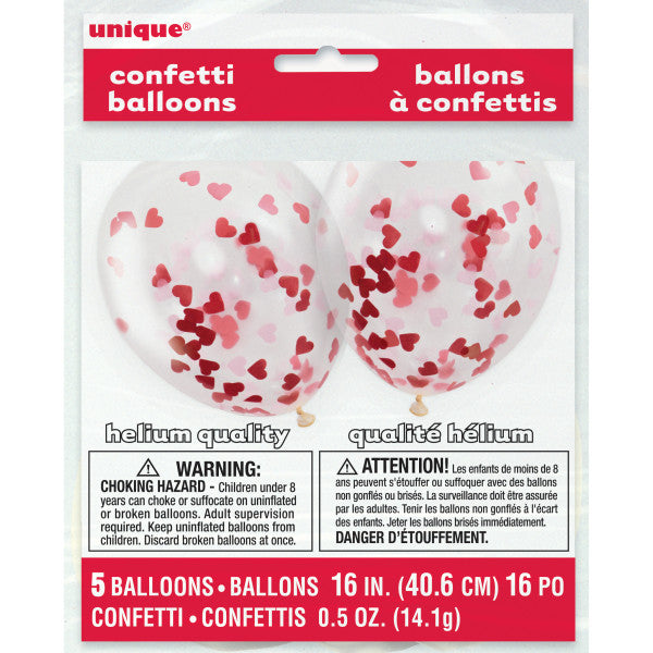 16" Helium Confetti Balloons White With Red Hearts Confetti, 5-ct.
