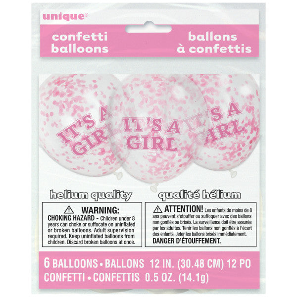12" Helium "It's A Girl" Pink Confetti Balloons, 6-ct.