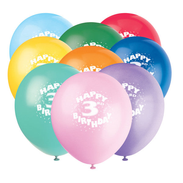 12" Helium "Happy 3rd Birthday" Balloons Multicolor, 6-ct.