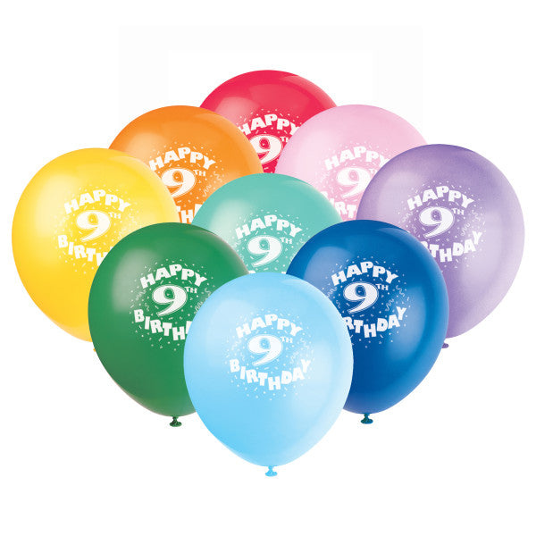 12" Helium "Happy 9th Birthday" Balloons Multicolor, 6-ct.