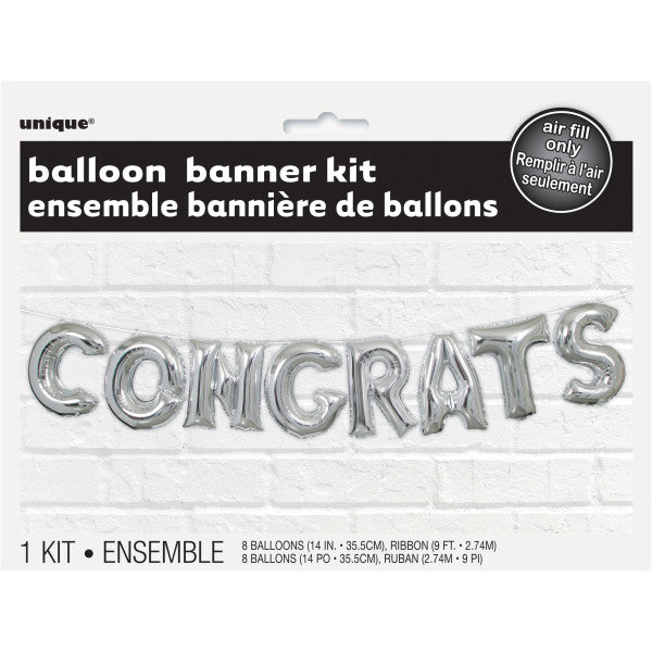 "Congrats" Silver Balloons Banner Kit