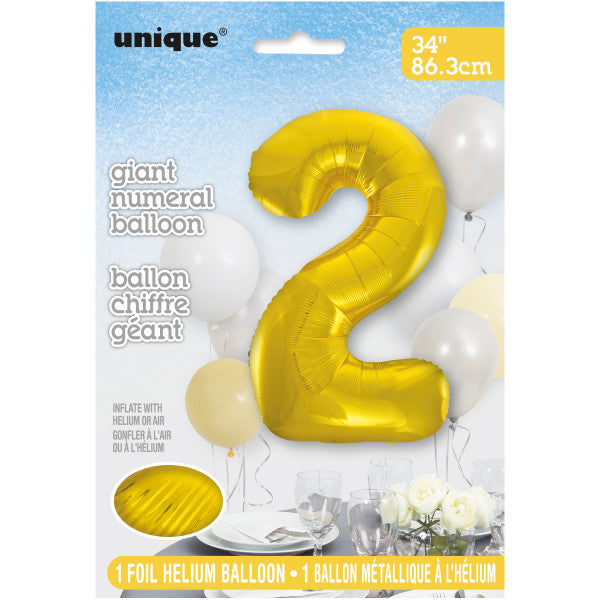Giant 34" Number 2 Gold Foil Helium Balloon