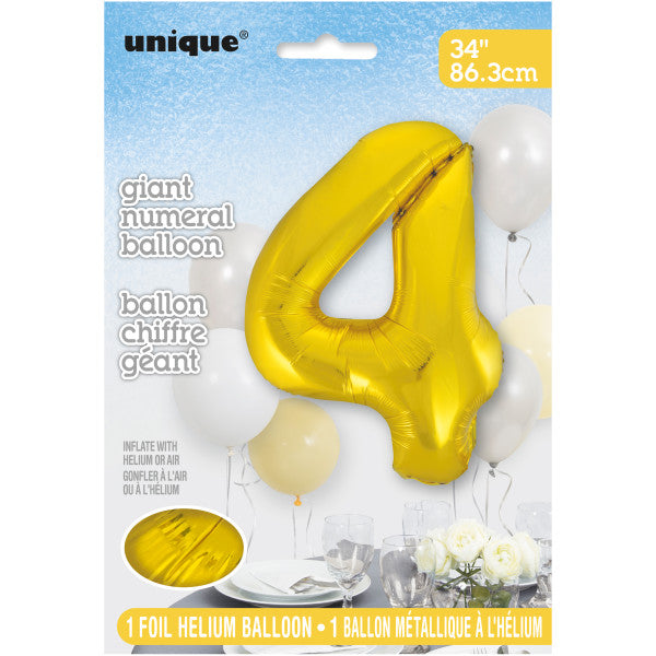 Giant 34" Number 4 Gold Foil Helium Balloon