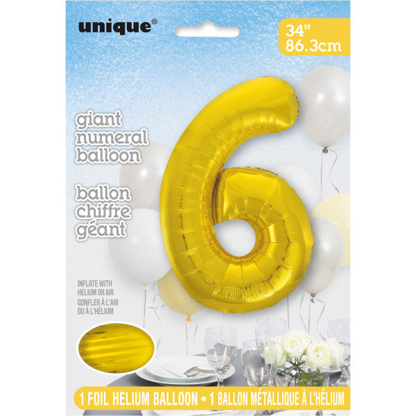 Giant 34" Number 6 Gold Foil Helium Balloon