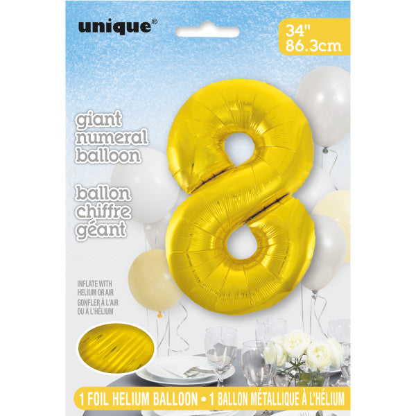Giant 34" Number 8 Gold Foil Helium Balloon