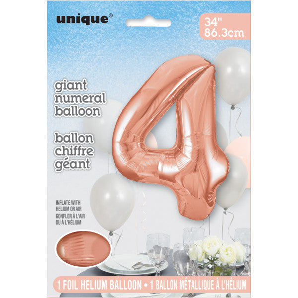 Giant 34" Number 4 Rose Gold Pink Foil Helium Balloon