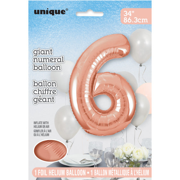 Giant 34" Number 6 Rose Gold Pink Foil Helium Balloon