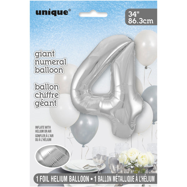 Giant 34" Number 4 Silver Foil Helium Balloon