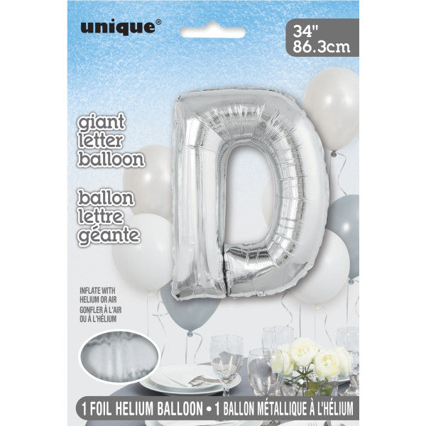 Giant 34" Letter D Silver Foil Helium Balloon