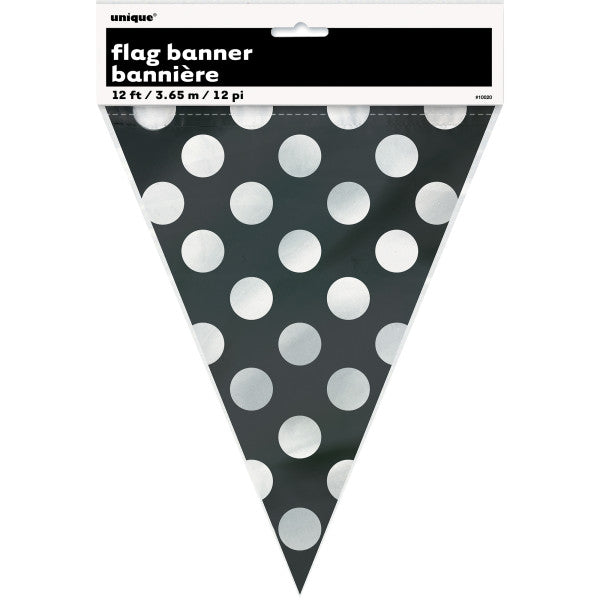 Flag Banner Black With White Polka Dots Decorations, 12 ft.