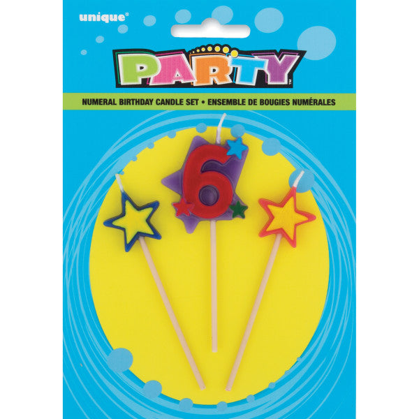 Happy Birthday Candle Set With Stars & Number 6