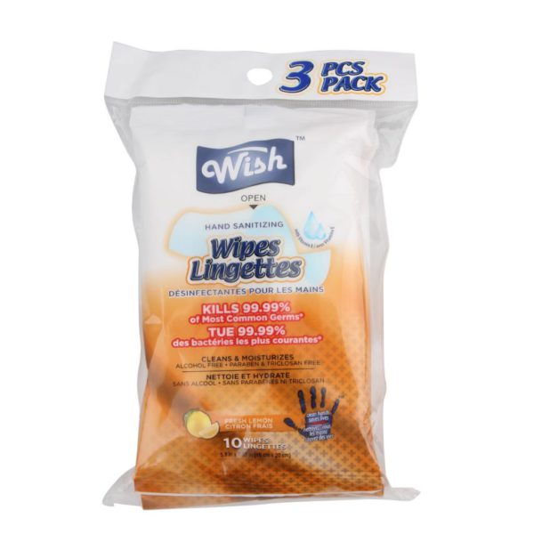 Wish Hand Sanitizing Wipes, Fresh Lemon Scent, 10 Wipes x 3 Bags