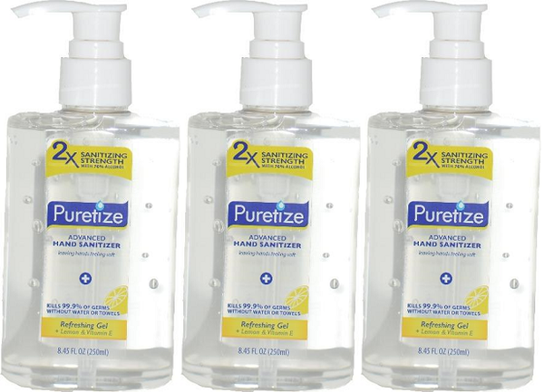 Puretize Hand Sanitizer Refreshing Gel + Vitamin E, 8.45 oz (Pack of 3)
