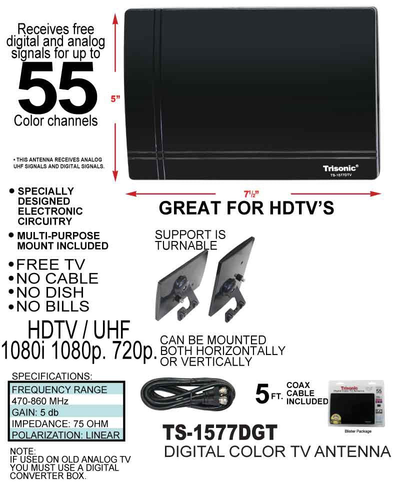 Digital HDTV/UHF Color TV Antenna, Reach Up To 105 Channels