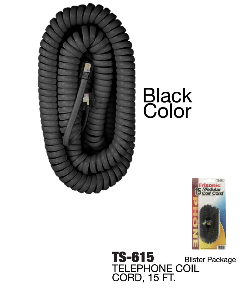 Modular Coil Phone Cord, 15 ft., Black