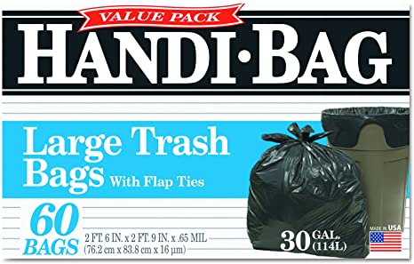 Handi-Bag 30 Gallon Large Trash Bags w/ Flap Ties. 60 ct.