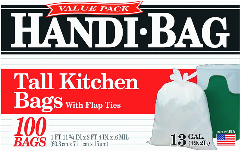 Handi-Bag 13 Gallon Tall Kitchen Bags w/ Flap Ties. 100 ct.