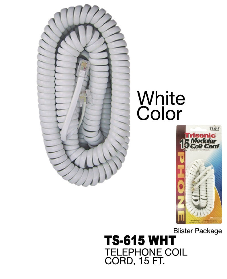 Modular Coil Phone Cord, 15 ft., White