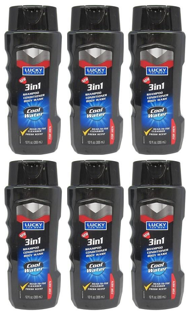 Lucky For Men 3-in-1 Shampoo Conditioner Body Wash Cool Water, 12 oz (Pack of 6)