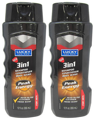 Lucky For Men 3-in-1 Shampoo Conditioner Body Wash Peak Energy, 12 oz (Pack of 2)