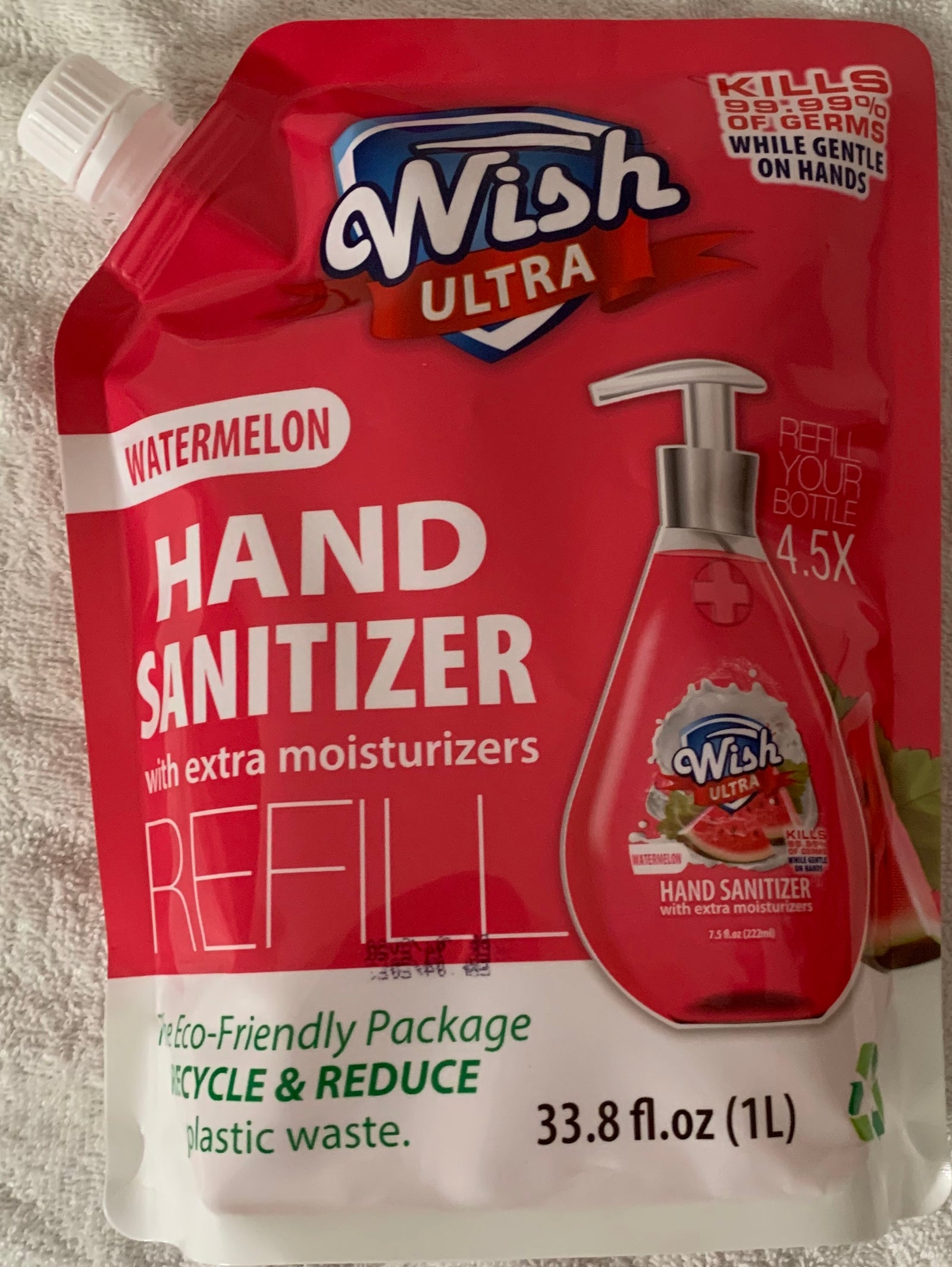 Wish Ultra Hand Sanitizer Refill 33.8oz Watermelon Scent with Extra Mo ...