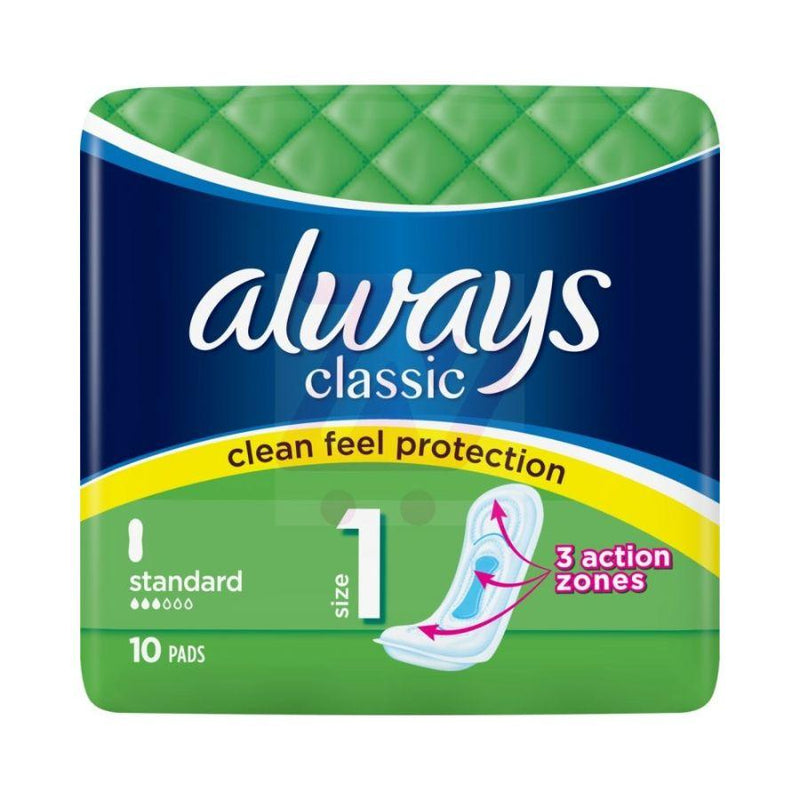 Always Classic Standard Size 1 Sanitary Pads, 10 ct.
