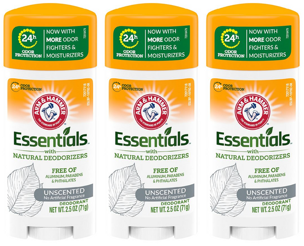 Arm & Hammer Essentials Unscented Deodorant Stick, 2.5oz (Pack of 3)