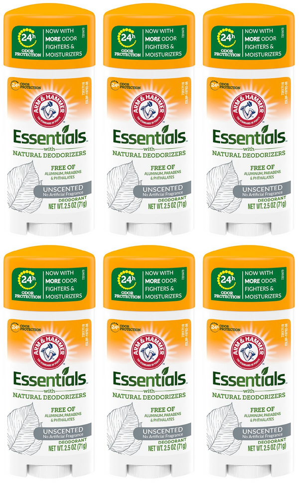 Arm & Hammer Essentials Unscented Deodorant Stick, 2.5oz (Pack of 6)