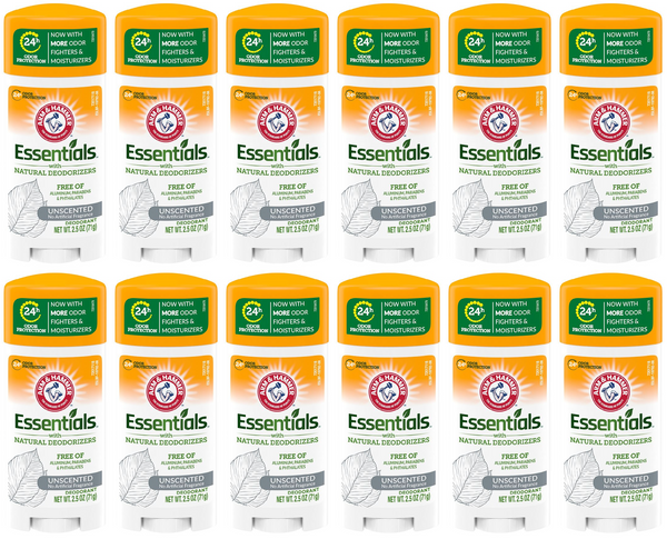 Arm & Hammer Essentials Unscented Deodorant Stick, 2.5oz (Pack of 12)